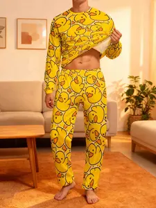 Men's Duck Print Casual Round Neck Long Sleeve Top and Loose Comfortable Pants Pajama Sleepwear Set, Soft Skin-Friendly Home Wear