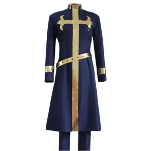 Enrico Pucci Dark Blue Long Coat Cosplay Costume Set with Gold Cross Belt for Comic Con