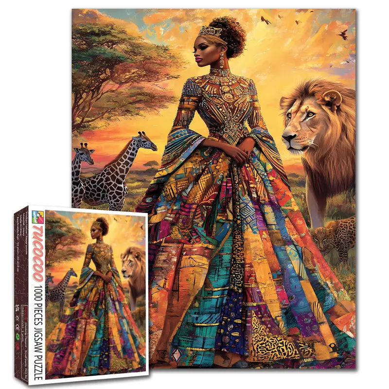 Tucocoo African Queen 1000 Pieces Jigsaw Puzzle, Colorful Artistic Safari with Lion and Giraffe, home game, stress relief, brain training, challenging, wall decor, gift idea, 27.56x19.69inch(70x50cm)