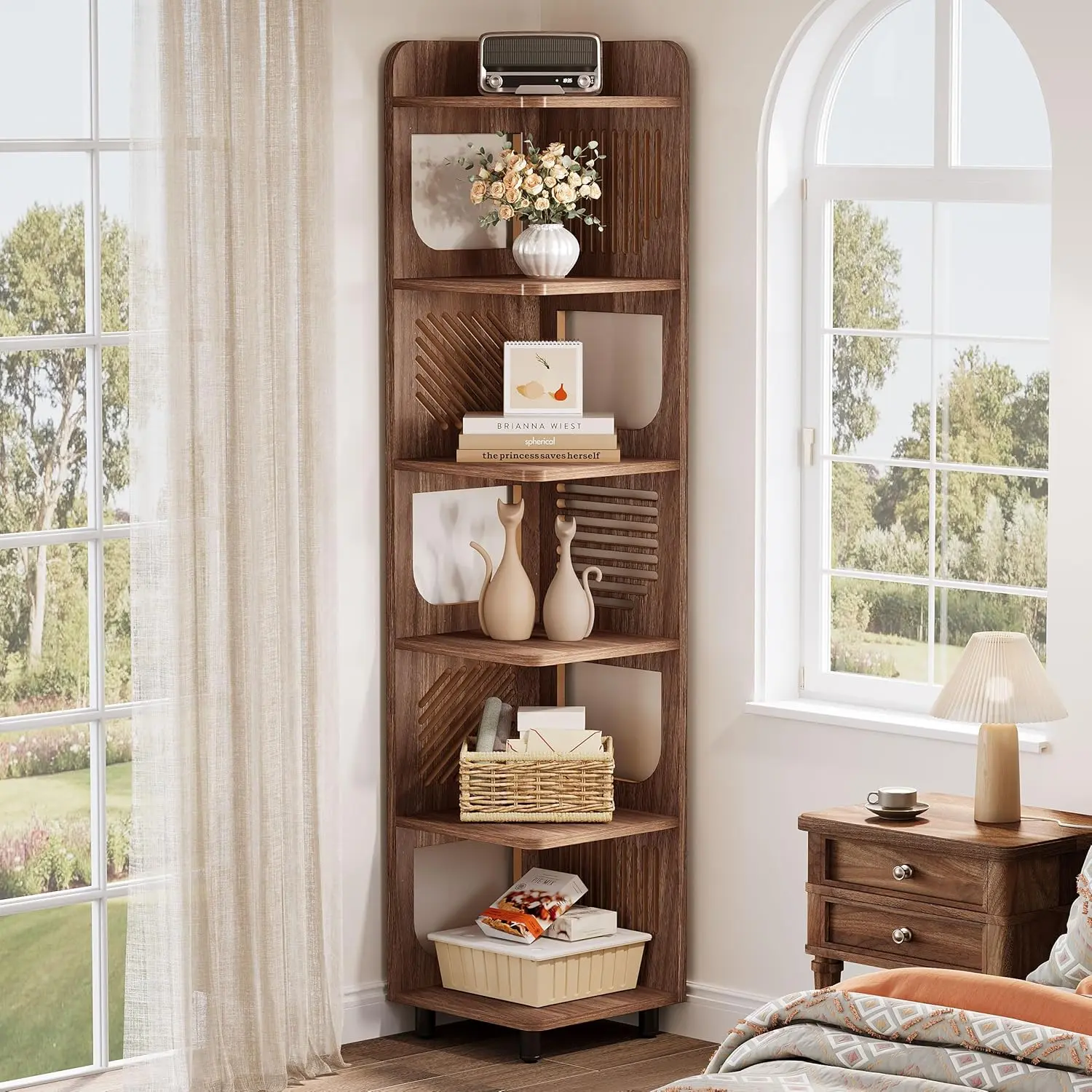 LITTLE TREE 6-Tier Tall Corner Shelf, 71-Inch Rustic Narrow Corner Bookshelf Bookcase with Square Rack, Freestanding Corner Display Storage Shelf Organizer for Living Room, Kitchen, Office