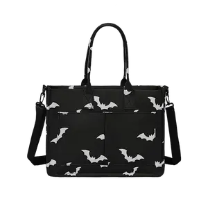Bat Print Multi-Pocket Bag, Large Capacity Shoulder Bag for Women, Trendy Handbag Crossbody Tote Fashionable Versatile Zipper Bag, Gothic Style Printed Shopper Travel Work Everyday Medium City Carryall