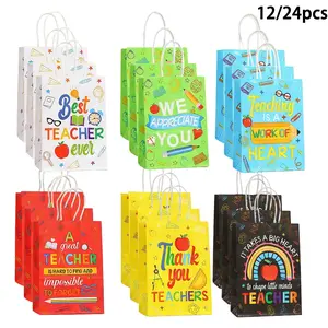 12/24 Teacher's Day Gift Paper Bags — Colorful "Back-to-School" Season Gift Bags, Teacher Appreciation & Stationery Favor Totes, Thank-You Gift Packaging Bags with Handles