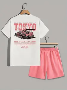 Men's Casual Fitted Short Sleeve Shorts Set Outfit, Menswear, Solve Your Woes, Trendy Print Suitable for Travel, Commuting, Various Occasions