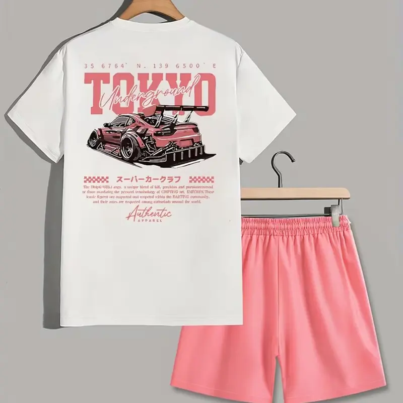 Men's Casual Fitted Short Sleeve Shorts Set Outfit, Menswear, Solve Your Woes, Trendy Print Suitable for Travel, Commuting, Various Occasions