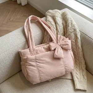 Quilted Nylon Bow Tote Bag, Puffer Cotton Shoulder Purse, Versatile Winter Yoga & Work Bag for Women outdoorfun