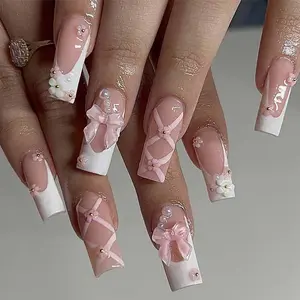Foccna Press On Nails Medium Long Rhinestone Pink Square Bling Glossy 3D False Nail Tips 24Pcs for Women & Girls Manicure with Free Jelly Gum and File
