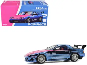 Mazda RX7 (FC3S) RE Amemiya RHD Blue Metallic with Pink Hood "Los Angeles Edition" 1/64 Diecast Model Car by Pop Race