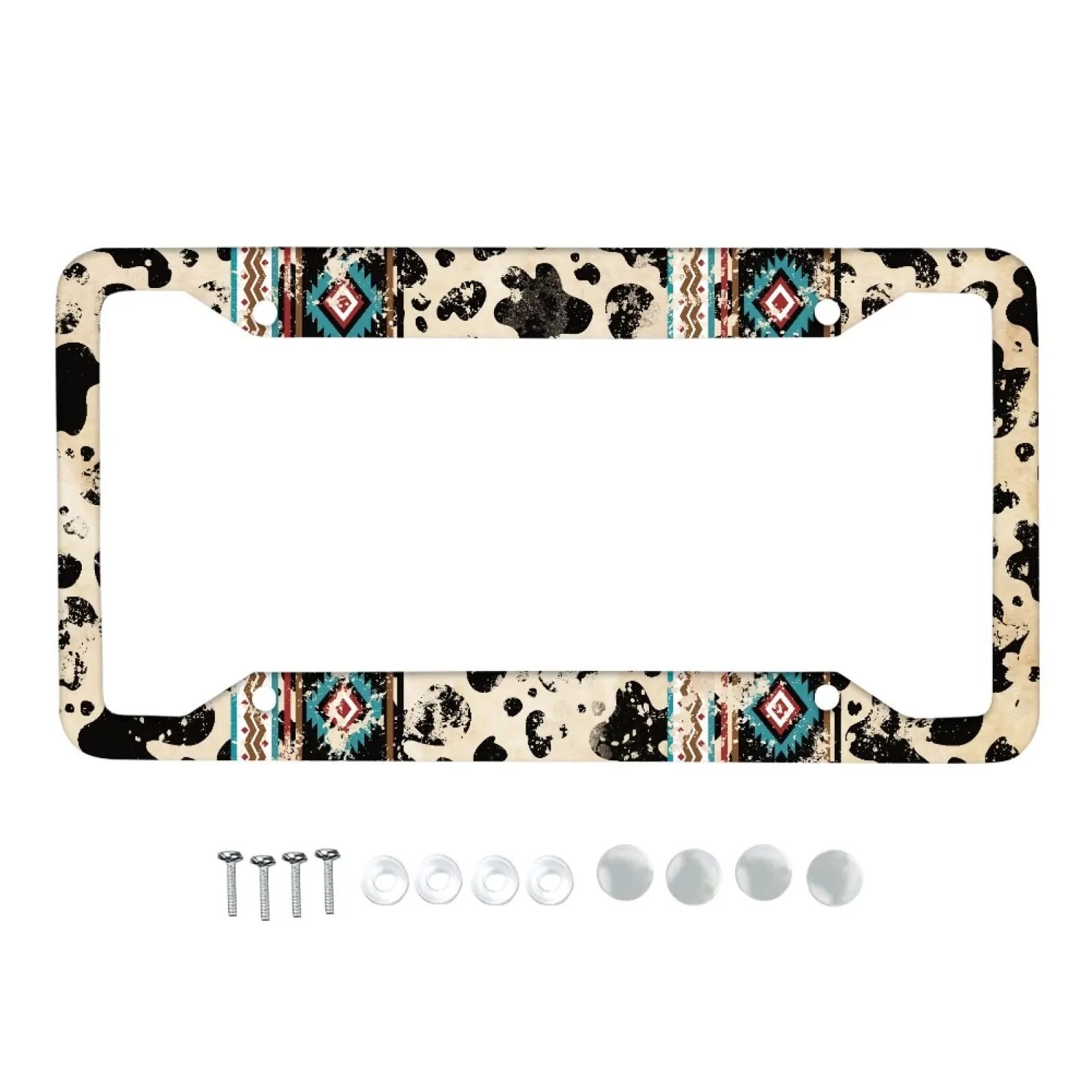 Western Cow Print & Aztec License Plate Frame 4 Holes Premium Aluminum Alloy Rust-Proof Weatherproof Vintage Western Car Tag Cover Universal US Size Easy Hanging Install With Mounting Screws Cowhide & Tribal Print Truck SUV Accessories For Country Lovers