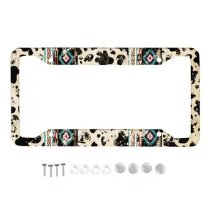 Western Cow Print & Aztec License Plate Frame 4 Holes Premium Aluminum Alloy Rust-Proof Weatherproof Vintage Western Car Tag Cover Universal US Size Easy Hanging Install With Mounting Screws Cowhide & Tribal Print Truck SUV Accessories For Country Lovers