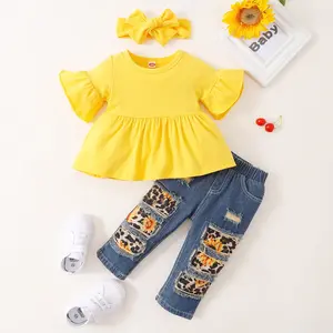 Ready Stock 3-24m Baby Girls Outfits Pagoda Sleeve Tops Sunflower Ripped Jeans Pants Headband 3Pcs Clothes Set For Spring Fall Yellow 12110852SY
