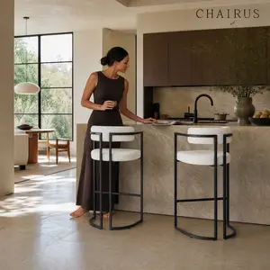 CHAIRUS 30 Inch White Sherpa  Barstools Barrel Bar Stools with Curved Back Upholstered Boucle Metal Barstools with Black Legs Modern Bar Stools for Dining Room Kitchen Island Home Bar fathersdaygift