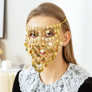 Vintage Ethnic-Style Polyester Mask with Golden-Metal Sheet Flower, Multi-Layered Tassels, Unique Sparkling Fringe, Festive Party Accessory Ideal for Indian Dance Performances, Party Masks & Accessories, Dance Accessory