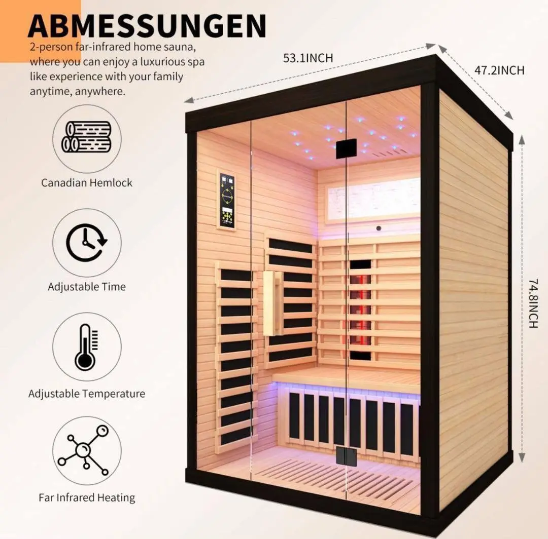 Portable Home Hemlock Sauna Room 2100W Far Infrared Detox Sauna 2 Person Spa