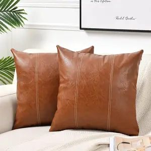 2 Packs Brown Faux Leather Decorative Throw Pillow Covers 16x16 Inch for Living Room Couch Bed Sofa, Hand Stitched Accent Square Cushion Case, Rustic Modern Farmhouse Boho Home Decor