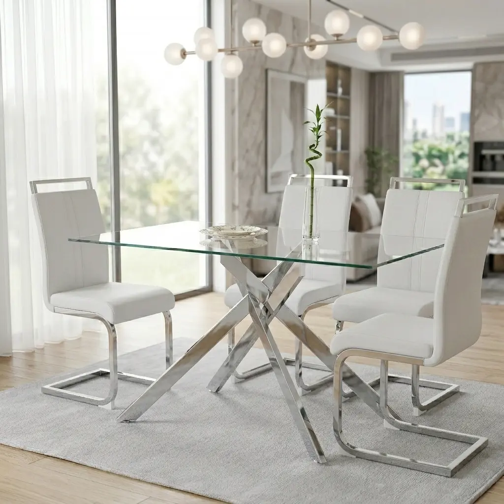 Luxury Modern Glass & Metal Dining Table for 4 - 51.2" Width Tempered Glass Top, Elegant Silver Cross-Leg Legs with Intersecting Frame, Easy Assemble Indoor Furniture Table