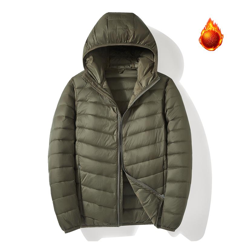 Men's Hooded Lightweight Down Jacket Warm Packable Puffer Coat Zip-Up Winter Outerwear for Casual Wear with Hood and Comfortable Down Material