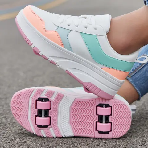 ANEFUN Roller Skate Shoes - Detachable Wheeled Fashion Sneakers, 4-Wheel Convertible Kids Roller Skates with PU Leather Upper, Breathable Mesh Lining, Padded Collar, Beginner-Friendly Outdoor Casual Shoes for Girls Boys