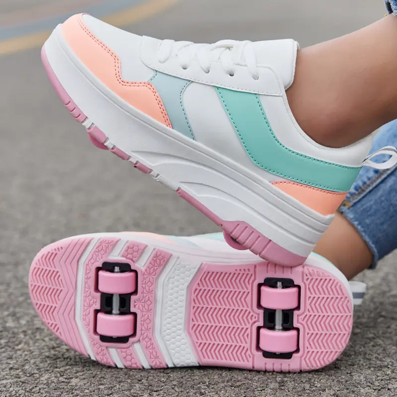 ANEFUN Roller Skate Shoes - Detachable Wheeled Fashion Sneakers, 4-Wheel Convertible Kids Roller Skates with PU Leather Upper, Breathable Mesh Lining, Padded Collar, Beginner-Friendly Outdoor Casual Shoes for Girls Boys