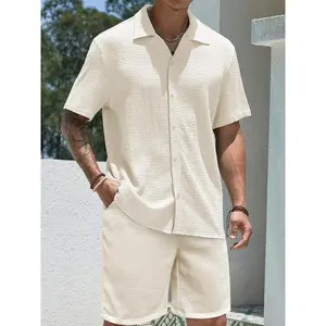 Men’s solid short-sleeve shirt and shorts two-piece set, regular fit casual button-down collared top and shorts for summer, men’s two-piece outfits for beach vacations, menswear