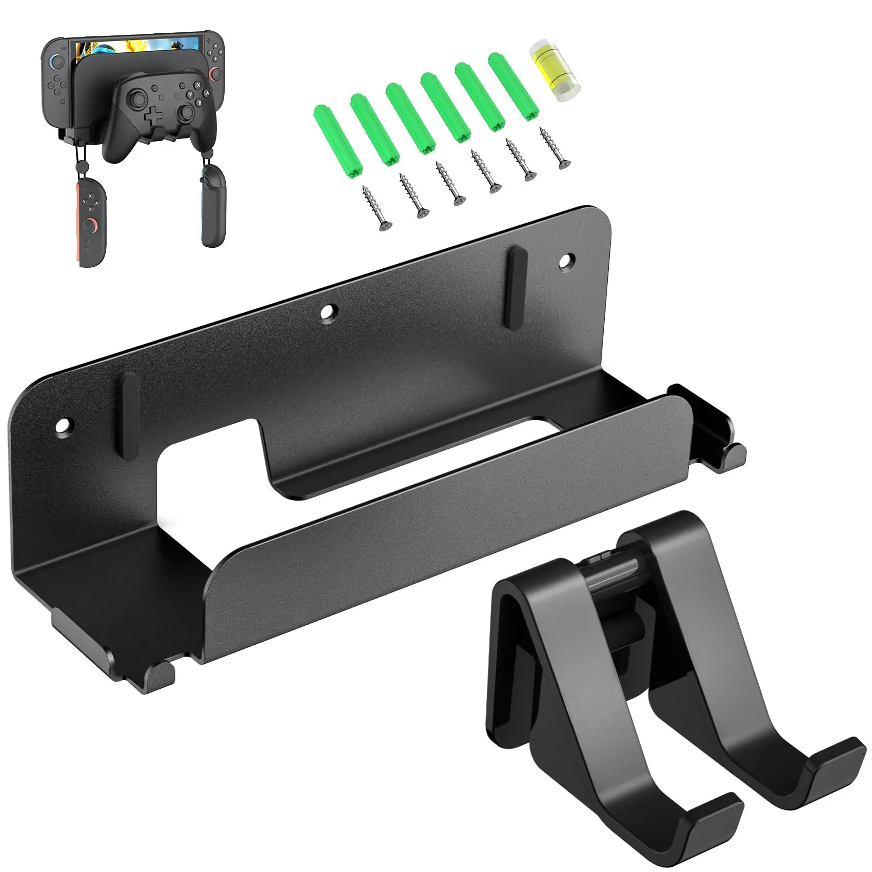 Metal Wall Mount for Switch 2 / OLED/Switch Console, All-in-One Metal Bracket with Pro Controller Holder, Universal Storage Rack for Dock, JoyCons & Pro Controller, Space-Saving Design Plastic Bubble