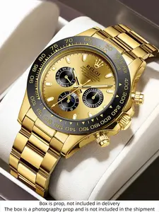 Luxury gold men's chronograph watch with stainless steel strap and Butterfly Clasp, waterproof sports watch, featuring moon phase display, fashionable casual Quartz Wristwatch, suitable for men