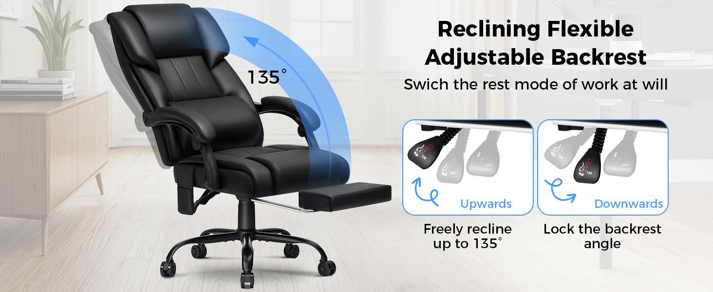 HOFFREE Reclining Office Chair with Massage and Heat Big and Tall Executive Office Chair with Foot Rest High Back PU Leather Computer Chair with Lumbar Support Black