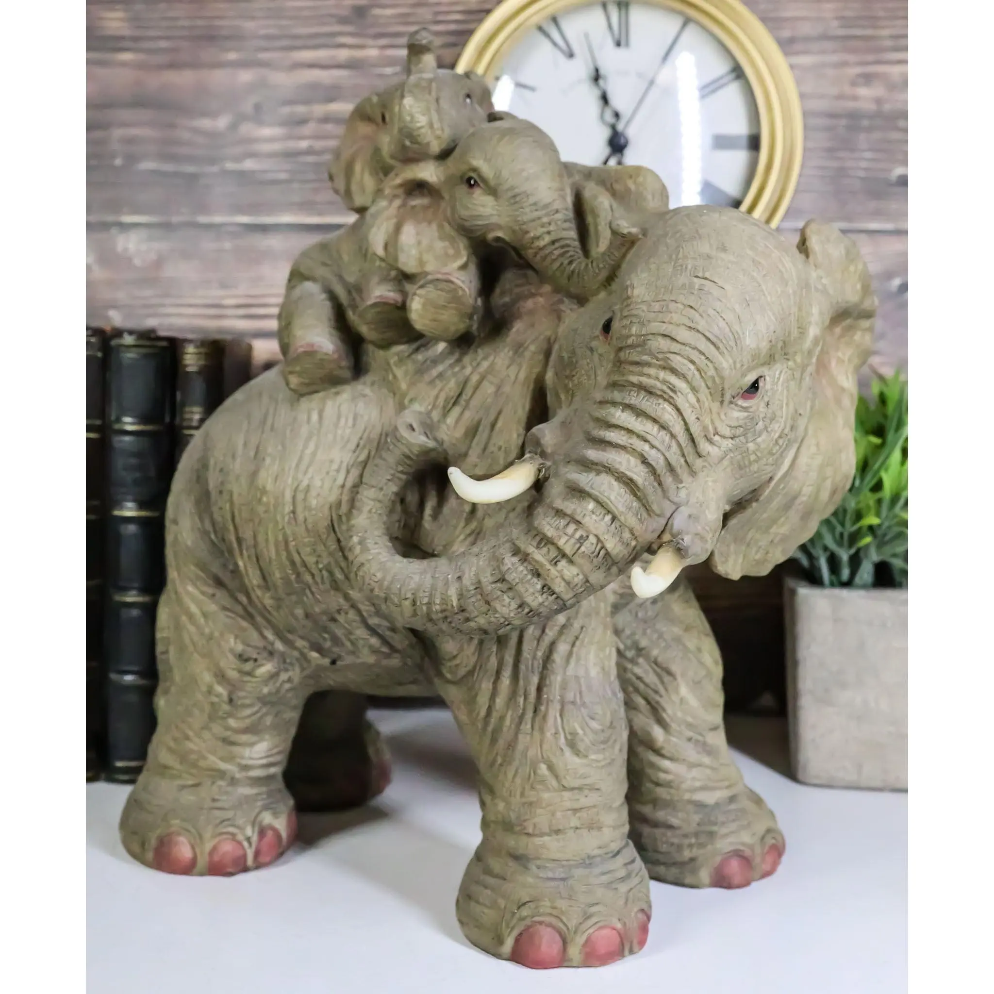 Wildlife Elephant Family Statue - 10.5" Tall Composite Resin Sculpture, Home Decor Interior Decoration Accessories for Living Room, Father & 2 Calves Piggyback Scene Figurine Gift