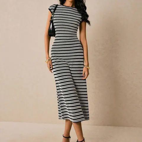 Fashion Casual Colorblock Striped Waist Cinched Round Neck Short Sleeve Long Dress, Women's Solid Style Clothing Casual Wear Womenswear, Casual Everyday Wear