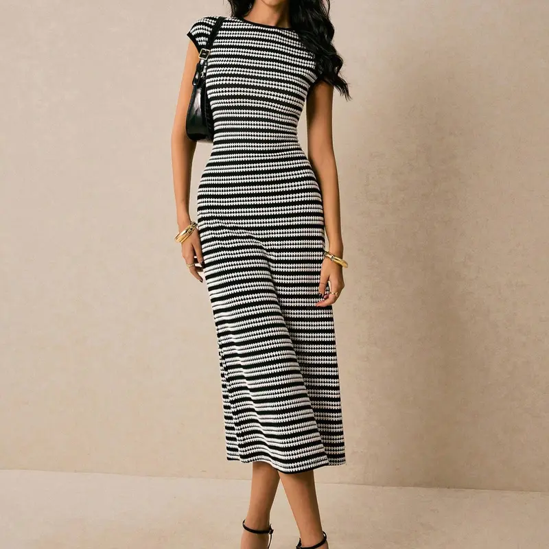 Fashion Casual Colorblock Striped Waist Cinched Round Neck Short Sleeve Long Dress, Women's Solid Style Clothing Casual Wear Womenswear, Casual Everyday Wear