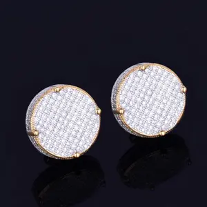 14MM Gold Color Big Round Stud Earring  Cubic Zircon Screw Back Men's Earrings Fashion Hip Hop Jewelry
