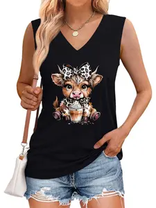 Cartoon Cow Graphic  Printed Women's V-Neck Sleeveless Top, Casual Fitted Short Shirt, Comfortable Fabric for Daily Wear, Available in 6 Colors, Womenswear