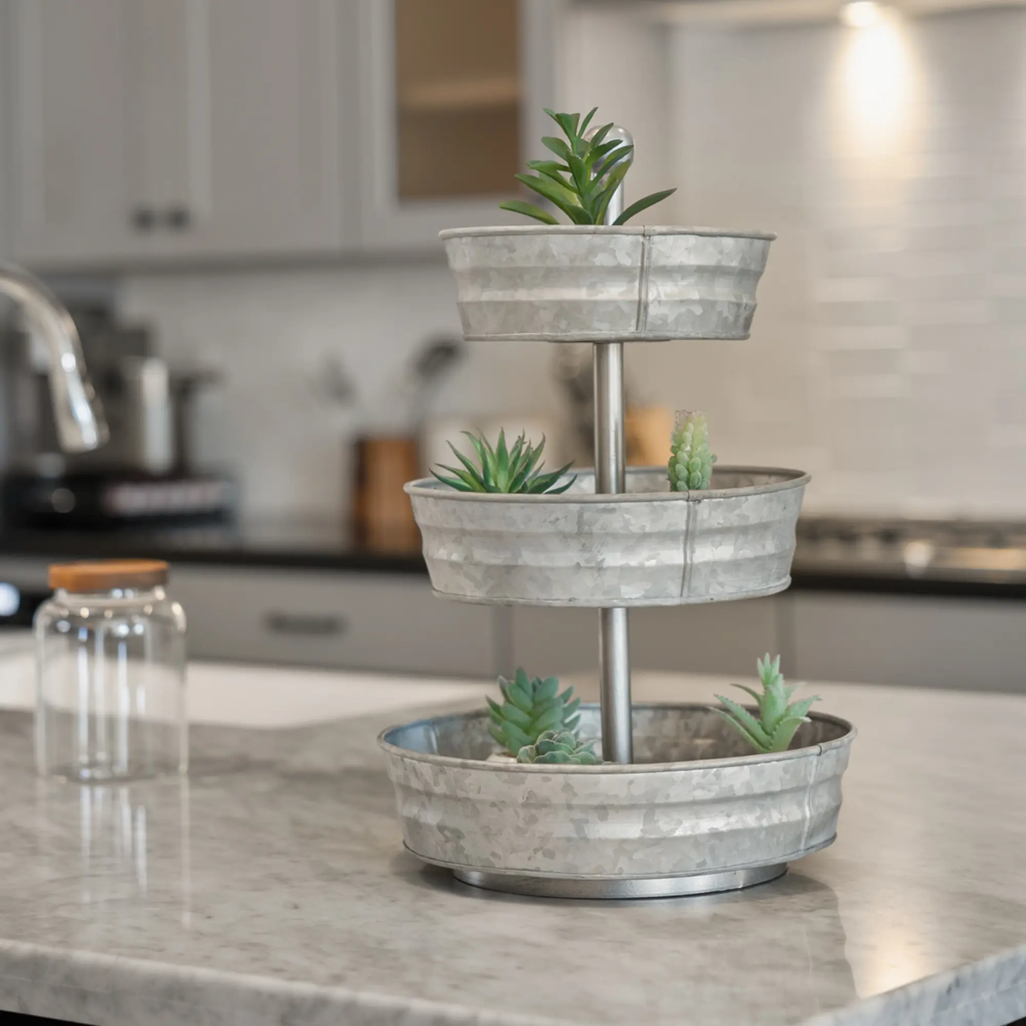 3 Tier Galvanized Round Metal Tray, 18"