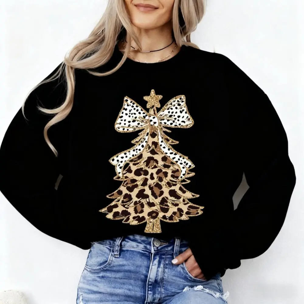 Women's Casual Long Sleeve Round Neck Festive Leopard Print Christmas Tree Dalmatian Bow Santa Cute Crewneck Sweatshirt (Sports & Outdoor Top)