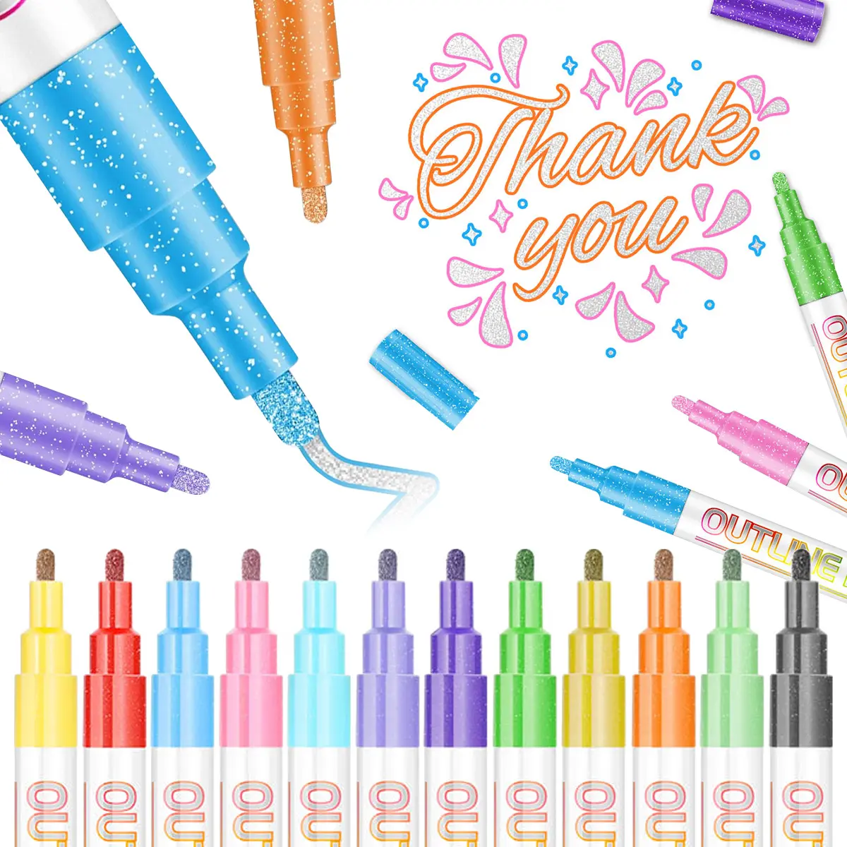 12 Pcs Shimmer Marker Set, 2026 Outline Marker Set, Glitter Gel Double Line Outline Pen Sparkle Markers Colorful Art Pens for Scrapbooking, Coloring and Greeting Cards, Journal Drawing White