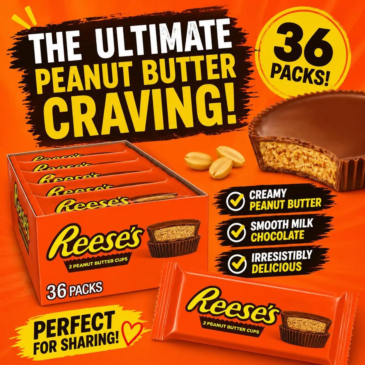 Reese's Chocolate Coated Candy Cups, 36-Count Milk Chocolate & Peanut Butter Candies, Individually Wrapped Snacks for Parties, Sharing