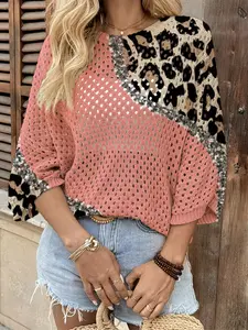 Summer Round Neck Batwing Sleeve Knit Top, Casual Classy Top, Leopard Print Women's Casual Elegant Commuter Vest, Bohemian Beach Cover-U, Womenswear