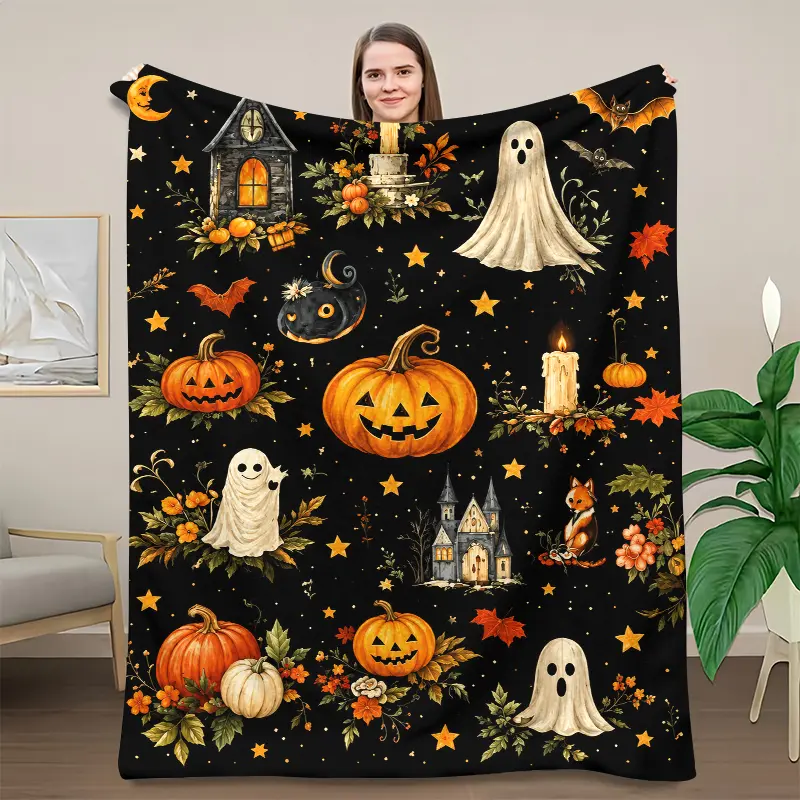Cute Watercolor Halloween Throw Blanket, Ghost Pumpkin Fox Haunted House Maple Leaf Bat Print Flannel Blanket, Spooky Fall Autumn Home Decor Blanket, Halloween Holiday Gift