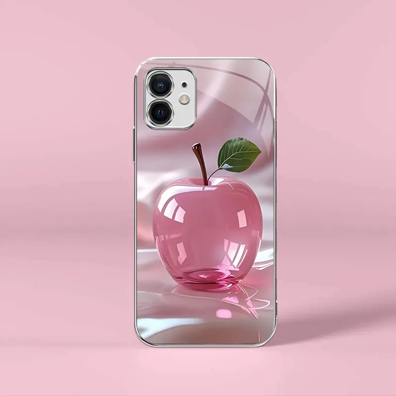 Pink crystal fruit for【iPhone 12】light luxury electroplated glass case, making you different---975