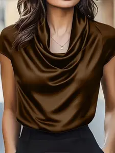 Elegant Plain Satin Cowl Drop Shoulder Top, Graceful Commuter Shirt, Simple Style, Perfect for Office Wear, Women's Fashion