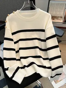 Spring & Fall Casual Striped Round Neck Long Sleeve Pullover Sweater, Loose-Fitting Button Design, Versatile Soft Casual Knitwear for Men