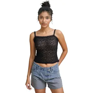 Camisole Top Lace Tank Spaghetti Strap Sheer Vest Slim Fit Silhouette Black Mesh Fabric Scalloped Trim Edge