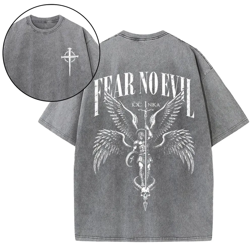 Vintage Washed Fear No Evil T‑Shirt Archangel Michael Ιϲχ ΝΙΚΑ Christian Front Cross & Back Graphic Tee For Men Retro Dark Faith T‑Shirt Fear No Evil Saint Michael Defeat Evil Vintage Print Religious Short Sleeve Shirt
