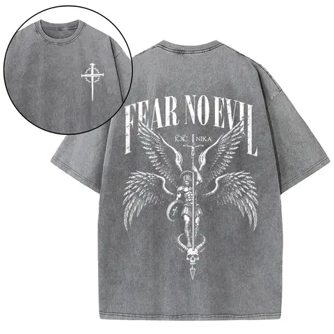 Vintage Washed Fear No Evil T‑Shirt Archangel Michael Ιϲχ ΝΙΚΑ Christian Front Cross & Back Graphic Tee For Men Retro Dark Faith T‑Shirt Fear No Evil Saint Michael Defeat Evil Vintage Print Religious Short Sleeve Shirt