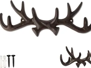 Vintage Cast Iron Deer Antlers Wall Mounted Hooks | Antique Finish Metal Clothes Hanger Rack w/Hooks for Coats, Jackets, Purses and More | Includes Screws and Anchors | Rust Brown