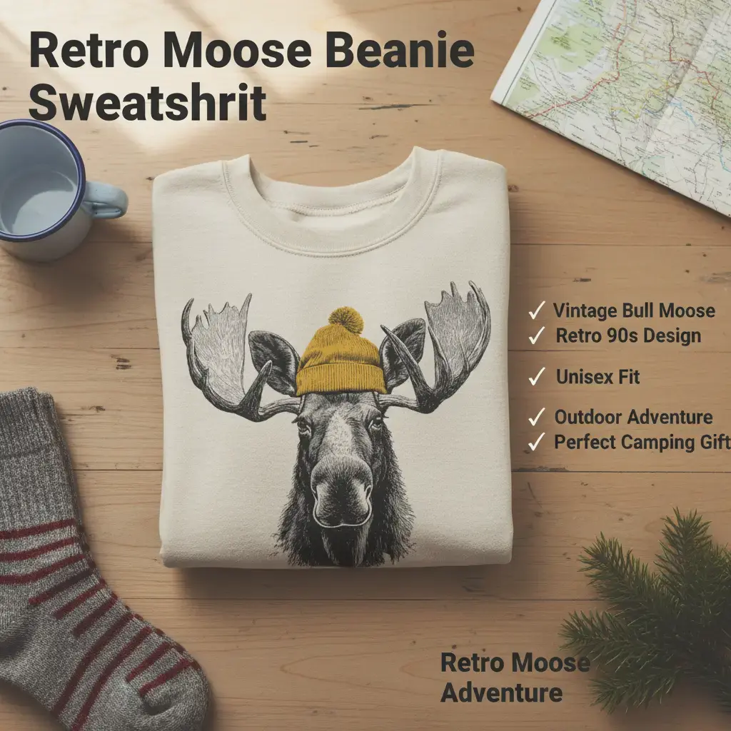 Women's Vintage Bull Moose Beanie Hoodie - Long Sleeve Casual Crewneck Garment, Mountain Wildlife Outdoor Pullover, Camping Gift, Retro 90s Unisex Animal Tops