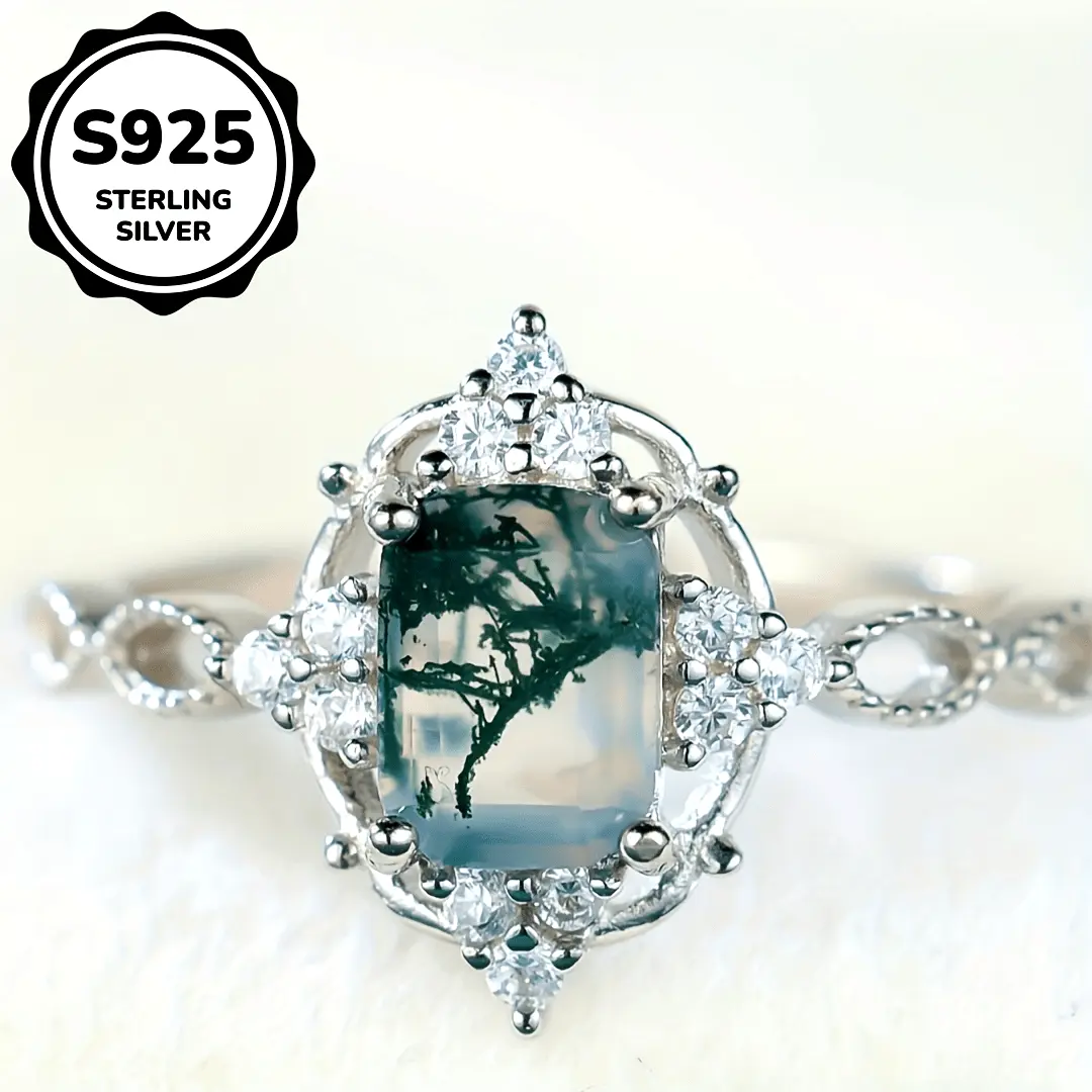 Women's 925 Sterling Silver Water Grass Agate Ring - Vintage Inspired, Beautiful, Elegant Everyday Piece, Ladies Engagement/Wedding Band, All-Season Wear with Gift Box, Beautiful Rings, Elegant Everyday Ring