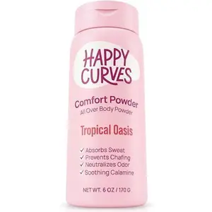 HAPPY CURVES Comfort Powder: Talc Free Anti Chafe Body & Foot Dusting Powder Deodorant to Control Inner Thigh Chafing, and Private Areas 6oz (Pack of 1) - Tropical Oasis