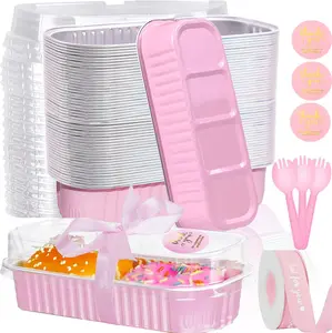 50 Pack Mini Loaf Pans with Lids and Spoons, 6.8 Oz Mini Cake Pans with Lids for Baking,Pink Disposable Rectangle Aluminum Foil Loaf Pan with Ribbon Stickers,Small Cake Containers Tin(Pink)