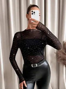 Women's Spring New Slim Fit Long Sleeve Mesh Sand Transparent Rhinestone Decorated Top, Fashion Plain Style, No Lining Included