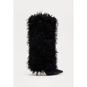 Demure Diamante Fur Boot-4 Inch Heel, Pointed Toe, Faux Shag Fur, Inside Zipper, Women's Dress Boot,